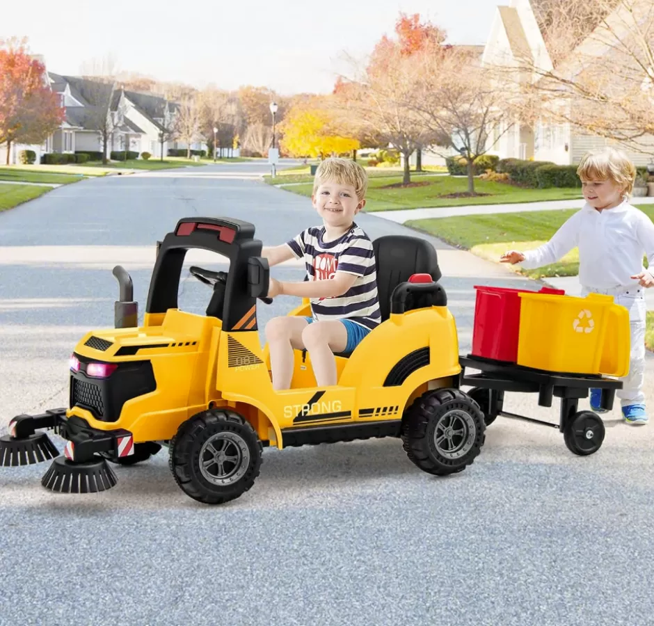 Best Baby Direct  Kids Electric Ride-On Car, 12V Street Sweeper Truck w/2 Rotating Brushes & 2 Removable Rubbish Bins