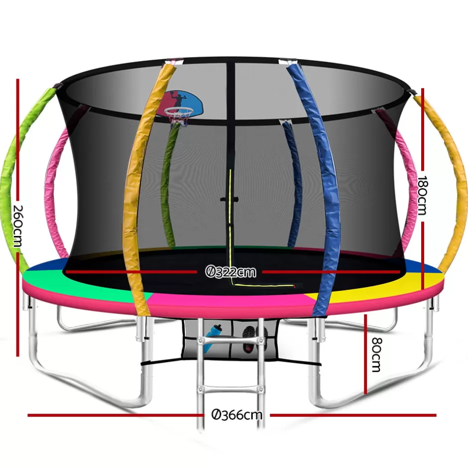 Best Baby Direct Everfit 12FT Trampoline Round Trampolines With Basketball Hoop Kids Present Gift Enclosure Safety Net Pad Outdoor Multi-coloured