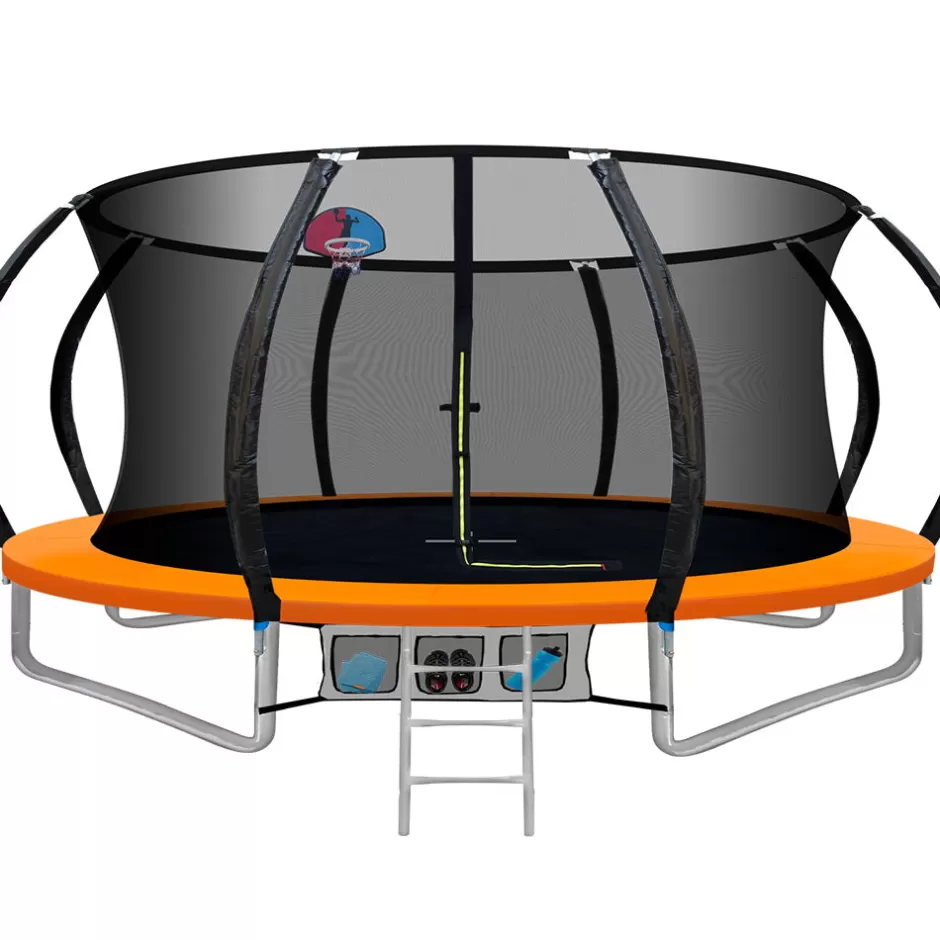 Best Baby Direct Everfit 14FT Trampoline Round Trampolines With Basketball Hoop Kids Present Gift Enclosure Safety Net Pad Outdoor Orange