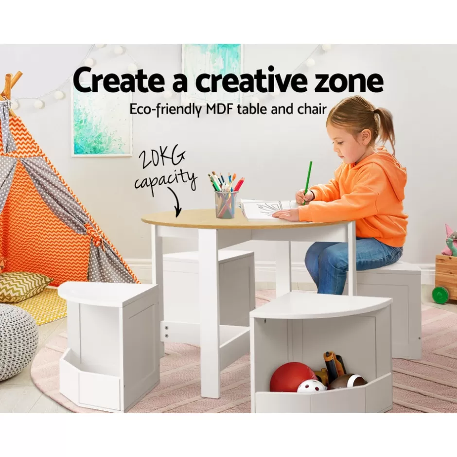 Cheap Baby Direct Keezi 5 PCS Kids Table and Chairs Set Storage Chair Wooden Play Study Desk Sets