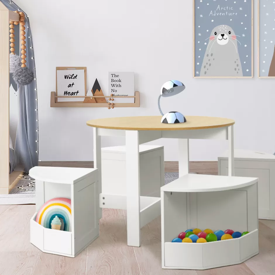 Cheap Baby Direct Keezi 5 PCS Kids Table and Chairs Set Storage Chair Wooden Play Study Desk Sets