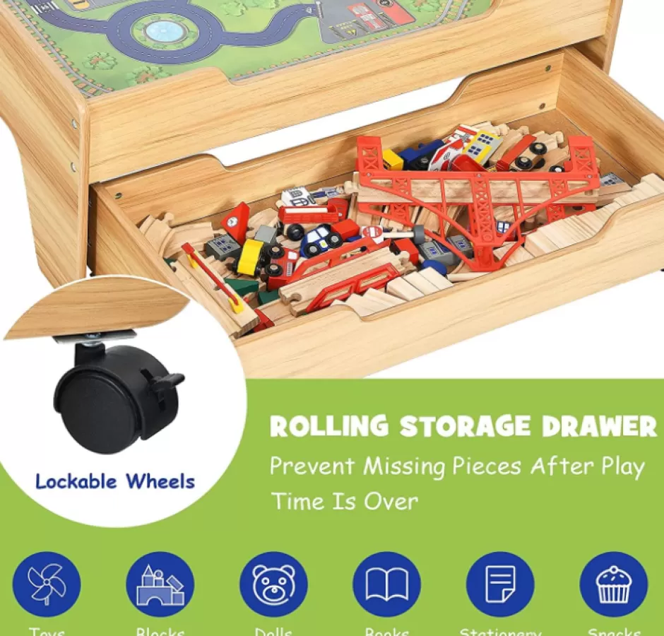 Online Baby Direct Kids Wooden Train Track Railway Set Table with 100 Multicolor Pieces