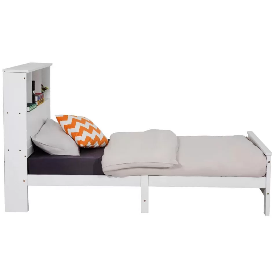 Discount Baby Direct King Single Solid Pine Timber Bed Frame with Bookshelf Storage Headboard- White