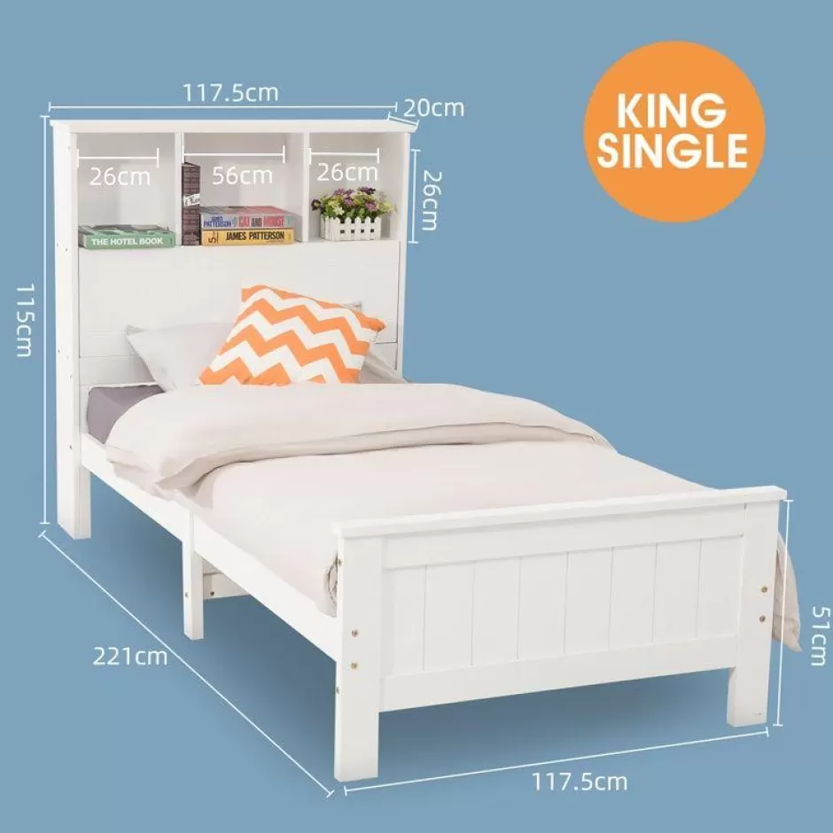 Discount Baby Direct King Single Solid Pine Timber Bed Frame with Bookshelf Storage Headboard- White
