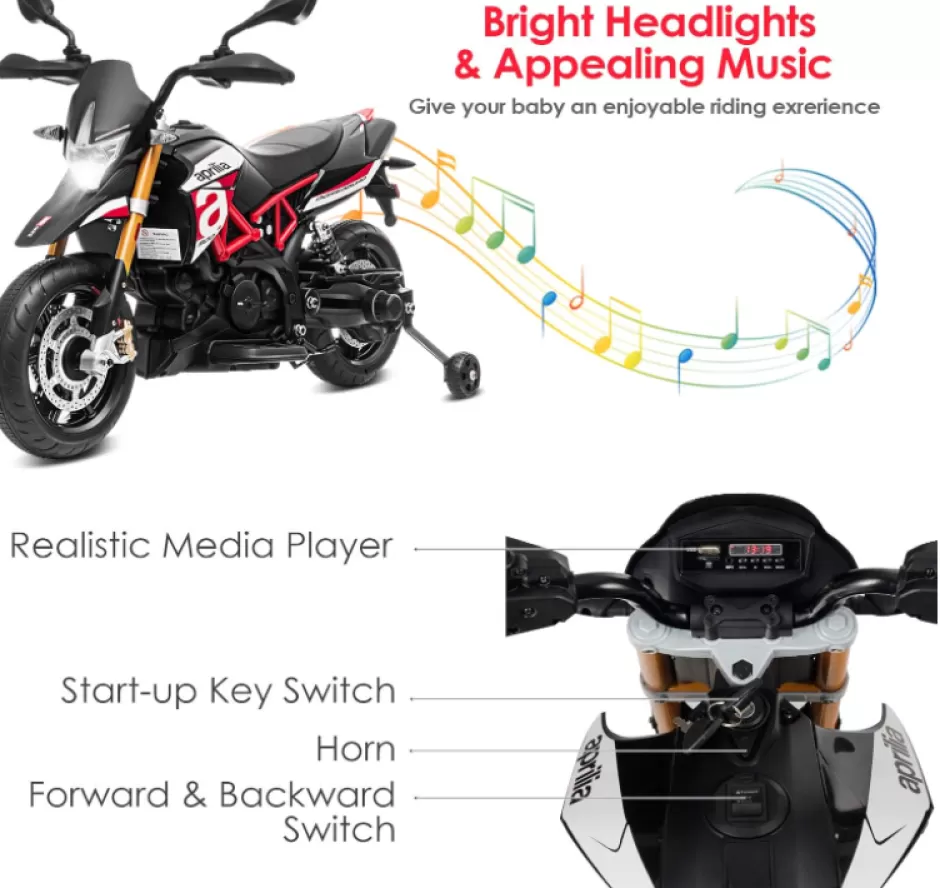 Online Baby Direct Licensed Aprilia 12V Electric Motorcycle, Battery Powered Kids Motorcycle w/ MP3 Player, LED Light, Spring Suspension, Chargeable Design, Training Wheels, Realistic Horn (Red)