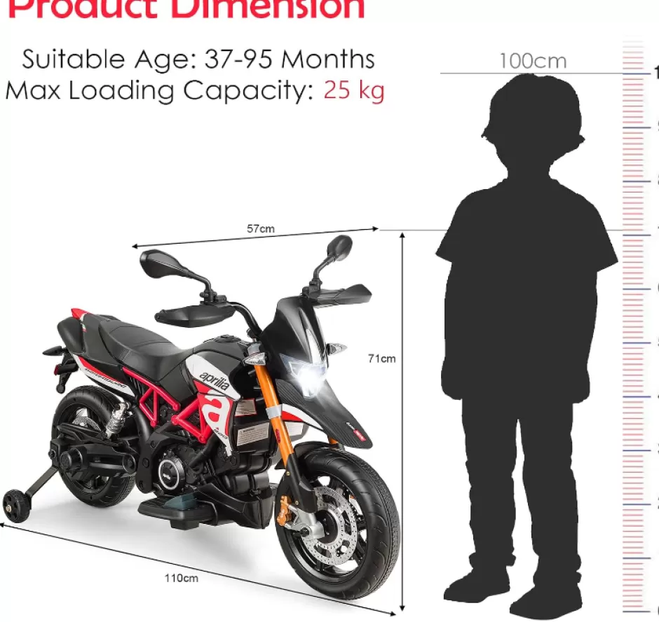 Online Baby Direct Licensed Aprilia 12V Electric Motorcycle, Battery Powered Kids Motorcycle w/ MP3 Player, LED Light, Spring Suspension, Chargeable Design, Training Wheels, Realistic Horn (Red)