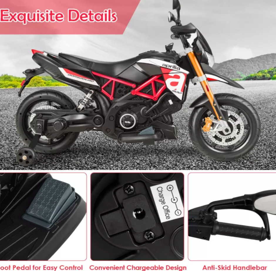 Online Baby Direct Licensed Aprilia 12V Electric Motorcycle, Battery Powered Kids Motorcycle w/ MP3 Player, LED Light, Spring Suspension, Chargeable Design, Training Wheels, Realistic Horn (Red)