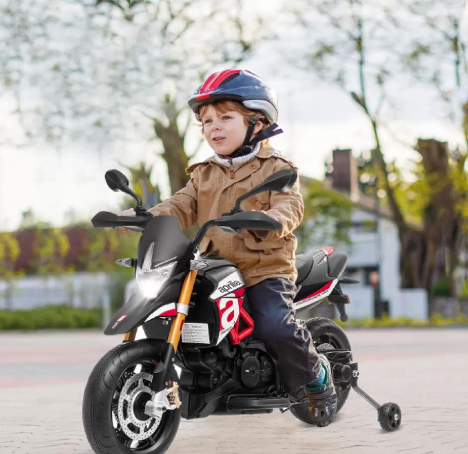 Online Baby Direct Licensed Aprilia 12V Electric Motorcycle, Battery Powered Kids Motorcycle w/ MP3 Player, LED Light, Spring Suspension, Chargeable Design, Training Wheels, Realistic Horn (Red)