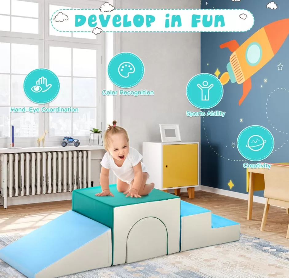 Clearance Baby Direct Rever Bebe  Kids Crawl & Climb Foam Play Set, 4 Pieces Baby Single-Tunnel Foam Climber