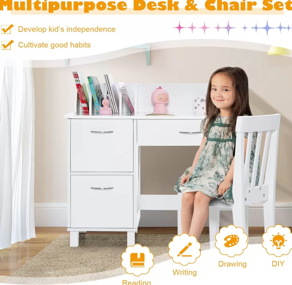 Outlet Baby Direct Rever Bebe Kids Learning Desk and Chair Set white with shelf and storage