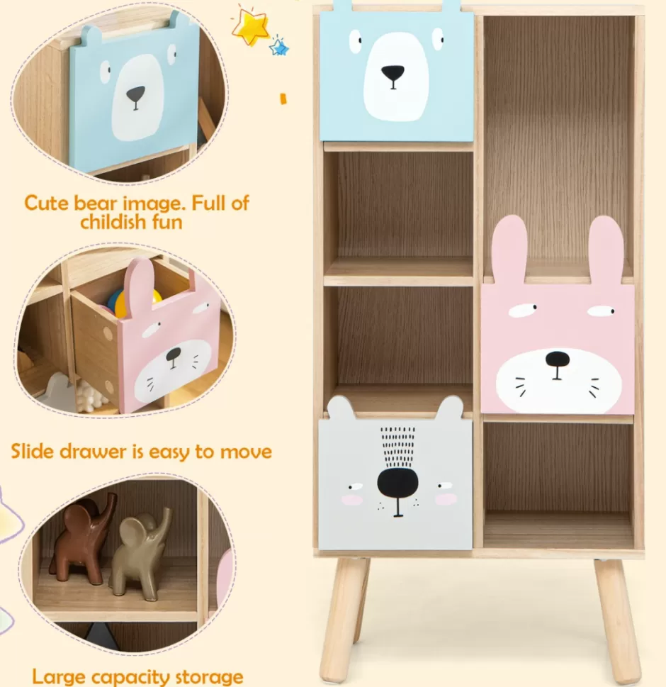 Fashion Baby Direct Rever Bebe Kids Storage Cabinet with 4 Cubbies & 3 Drawers for Books & Toys