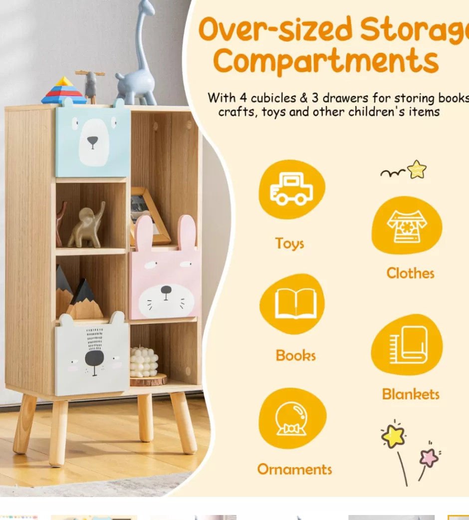 Fashion Baby Direct Rever Bebe Kids Storage Cabinet with 4 Cubbies & 3 Drawers for Books & Toys