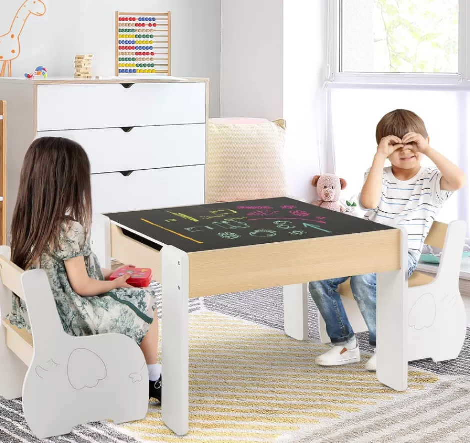 Best Sale Baby Direct Rever Bebe  Kids Table and Chairs Set, 4-in-1 Wooden Activity Table and 2 Chairs