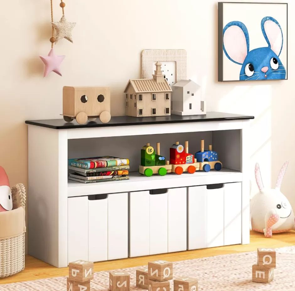 Clearance Baby Direct Rever Bebe Kids Toy Storage Organizer with 3 Bins, Children's Bookcase with Writable Blackboard Tabletop