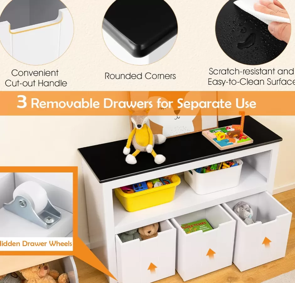 Clearance Baby Direct Rever Bebe Kids Toy Storage Organizer with 3 Bins, Children's Bookcase with Writable Blackboard Tabletop