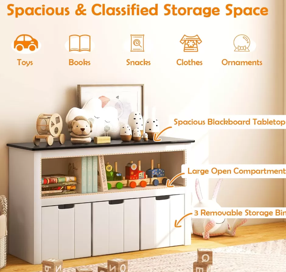 Clearance Baby Direct Rever Bebe Kids Toy Storage Organizer with 3 Bins, Children's Bookcase with Writable Blackboard Tabletop
