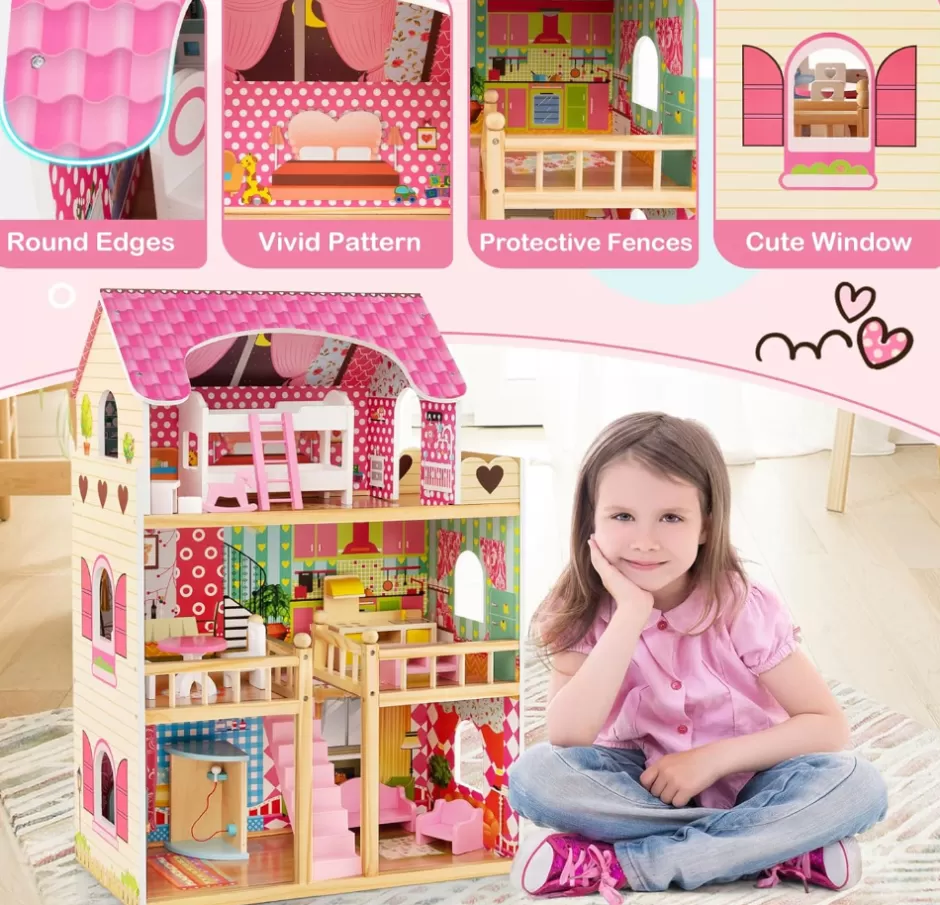 Store Baby Direct Rever Bebe Kids Wooden Dollhouse Playset w/15 Furniture Accessories