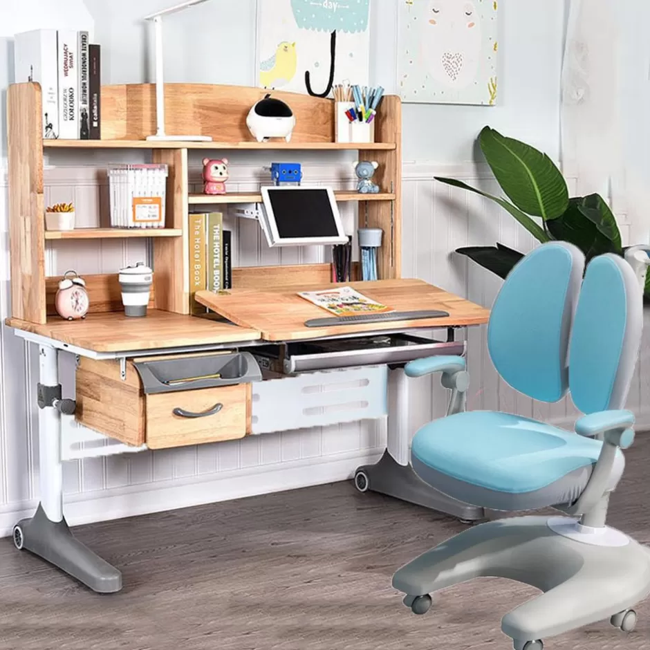 Clearance Baby Direct Solid Rubber Wood Height Adjustable Children Kids Ergonomic Study Desk  Blue Chair Set 120cm AU