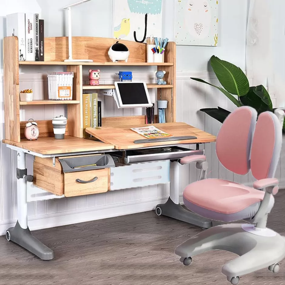 Clearance Baby Direct Solid Rubber Wood Height Adjustable Children Kids Ergonomic Study Desk Chair Set Pink Chair 120cm AU